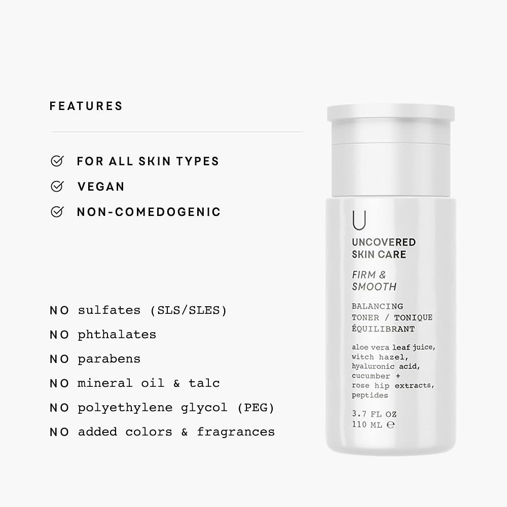 Balancing toner bottle with features list: all skin types, vegan, non-comedogenic; no sulfates.