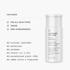 Balancing toner bottle with features list: all skin types, vegan, non-comedogenic; no sulfates.