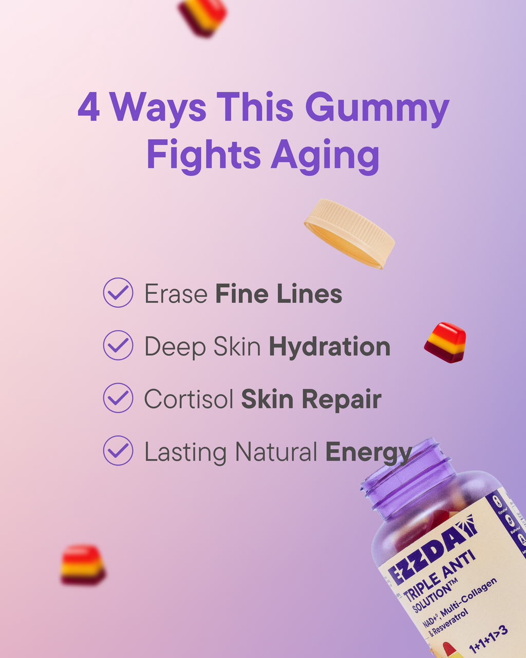 Anti-aging gummies promo graphic with stacked gummy pieces