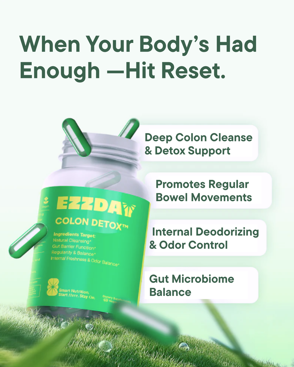 Colon detox supplement bottle with green capsules and label for deep colon cleanse support