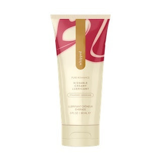 Light cream squeezable lubricant tube with pink and burgundy swirled accent panel