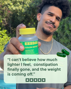 Man holding a EZZDAY colon detox supplement bottle with yellow cap and green capsules