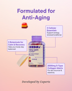 Anti-aging gummy bottle with formulated-for callout labels