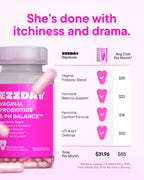 Vaginal probiotic bottle with monthly cost chart and pink hearts icons