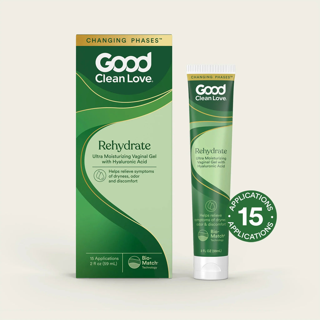 Rehydrate vaginal gel box and tube, green and white packaging.