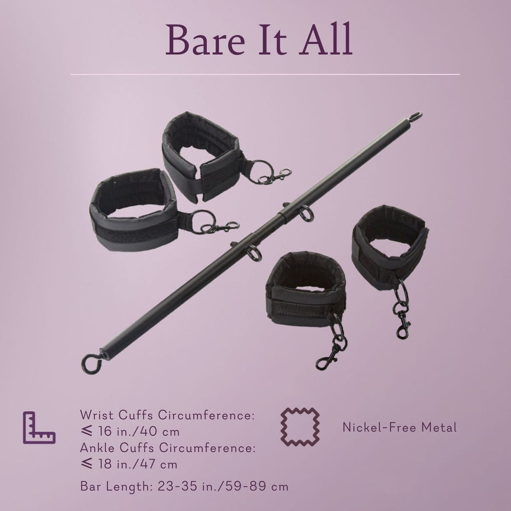 Black cuff restraints and metal bar with chain links, four-piece kit