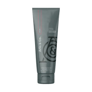 Conditioning shave cream tube, gray with red line and black logo