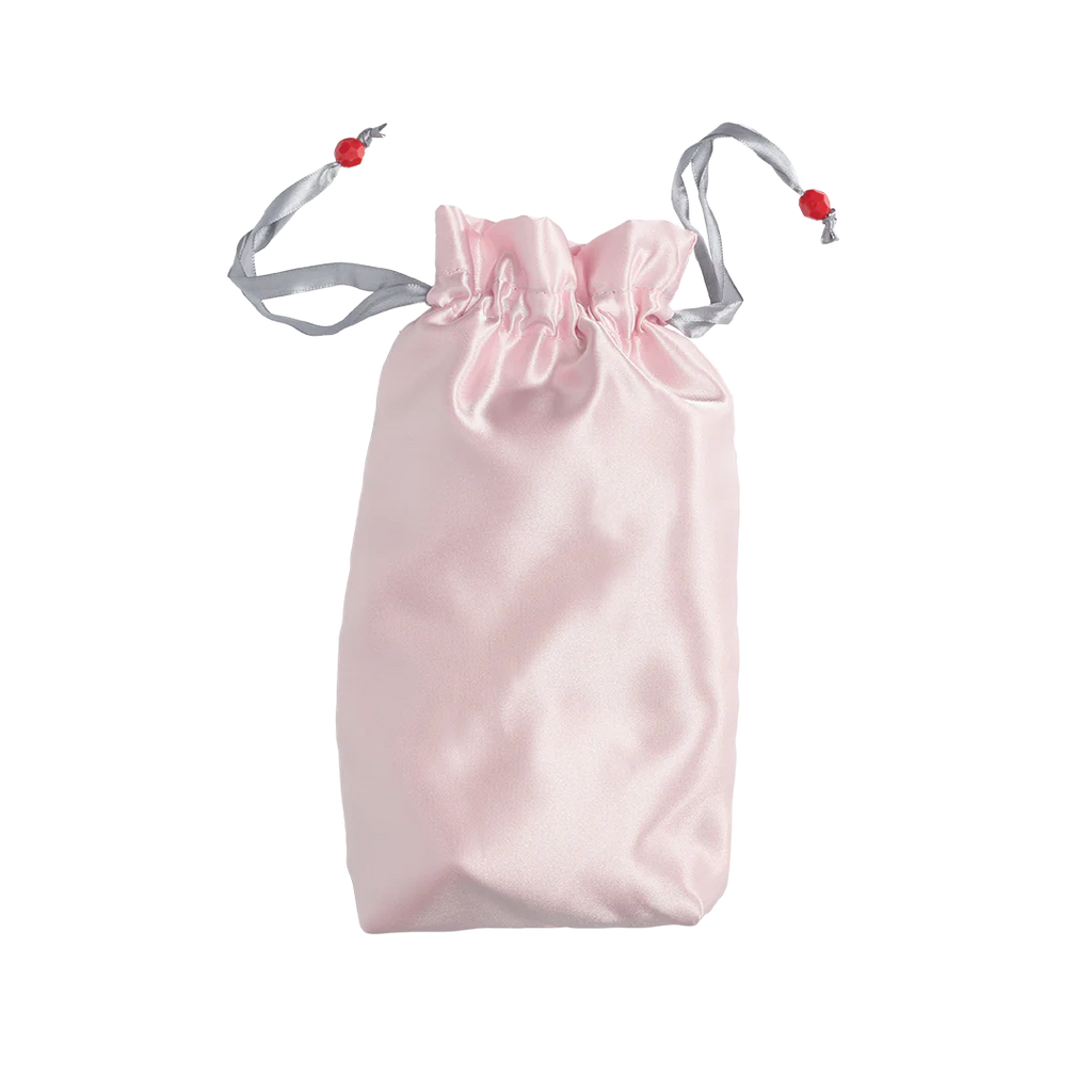 Pink satin toy tote with gathered top and braided drawstring handles