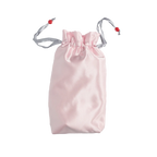 Pink satin toy tote with gathered top and braided drawstring handles
