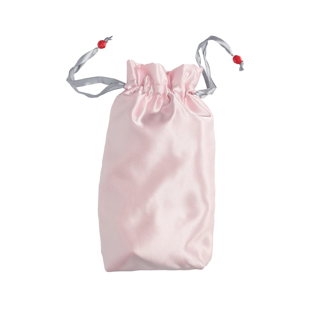Pink satin toy tote with gathered top and braided drawstring handles