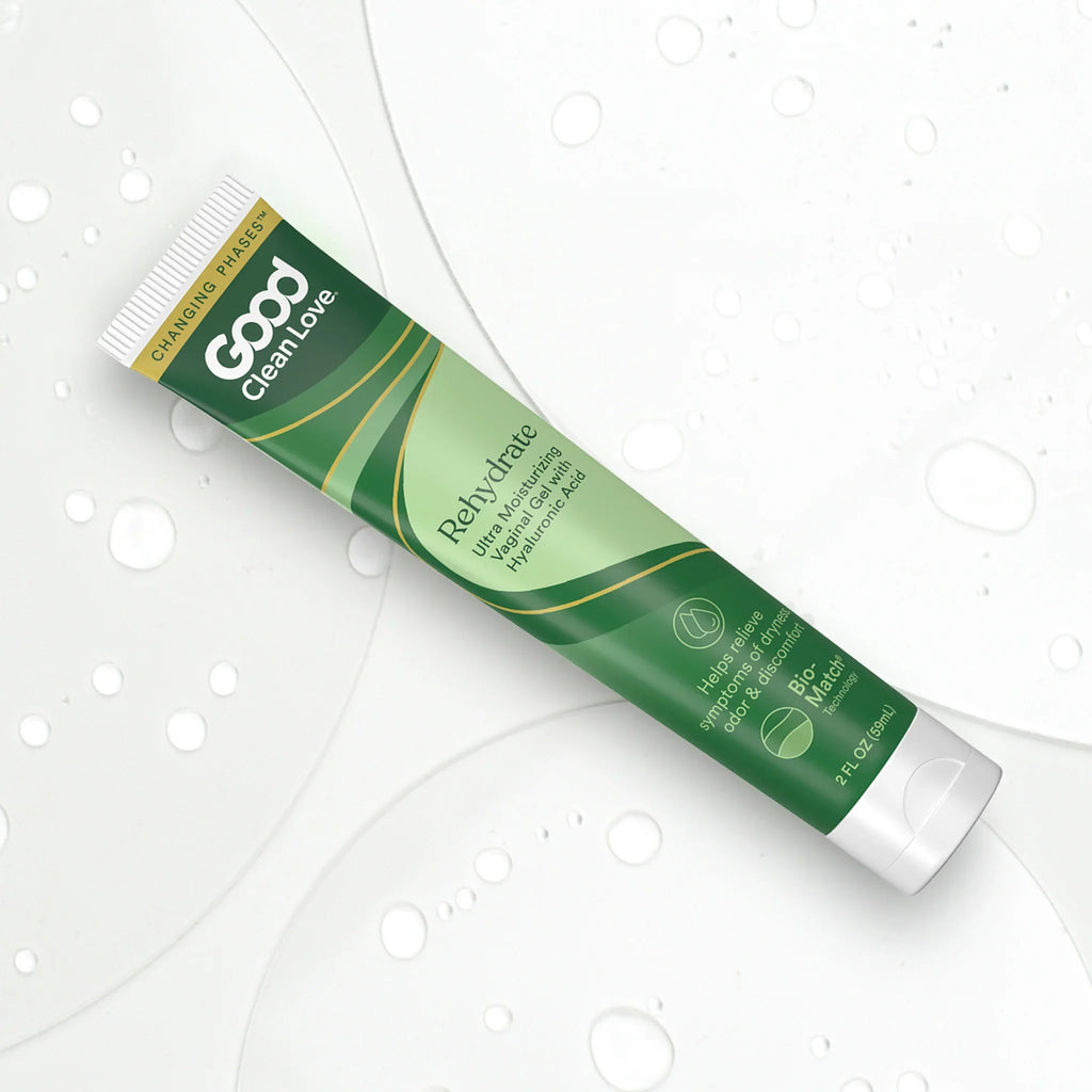 Vaginal gel tube, green stripe packaging with white cap.