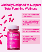 Vaginal probiotic capsule bottle with five pink capsules and wellness benefit labels