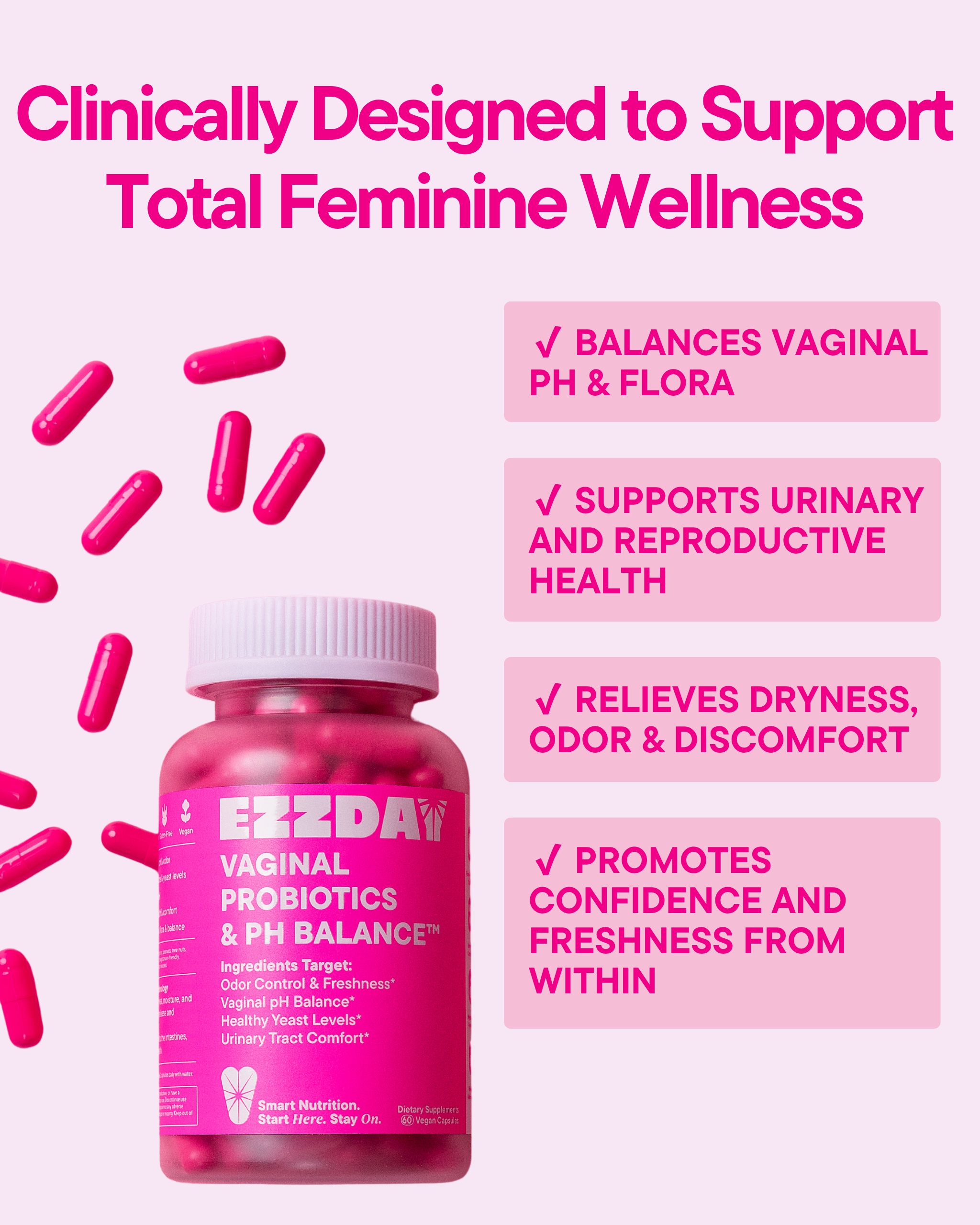 Vaginal probiotic capsule bottle with five pink capsules and wellness benefit labels