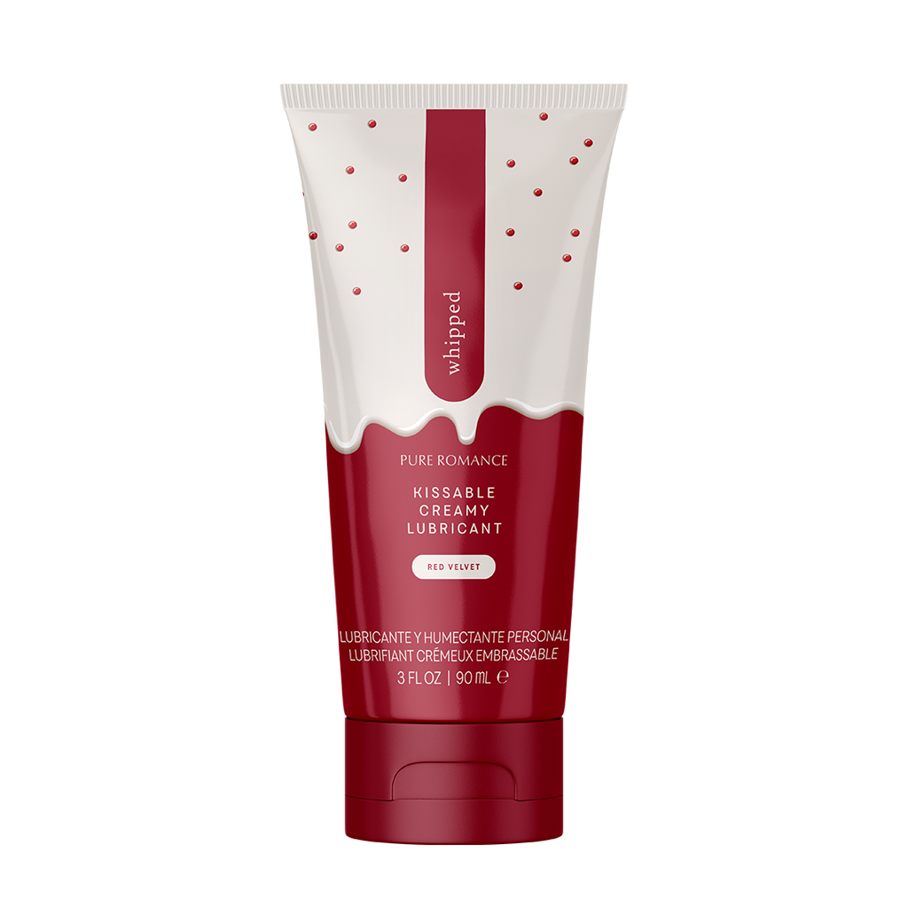 White and deep red squeezable lubricant tube with small red dot pattern and red cap