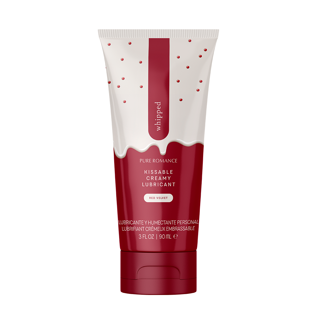 White and deep red squeezable lubricant tube with small red dot pattern and red cap