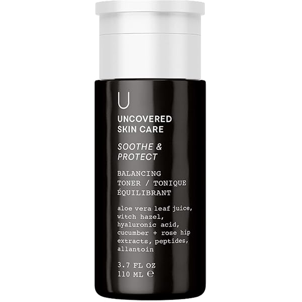 Balancing toner bottle with black label; soothe & protect variant shown on front.