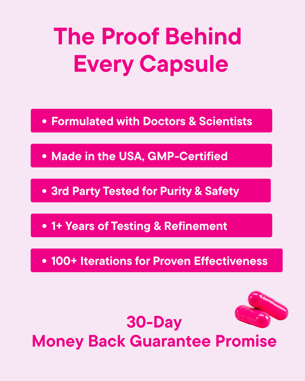 Vaginal probiotic capsules with guarantee badges and 30-day promise text