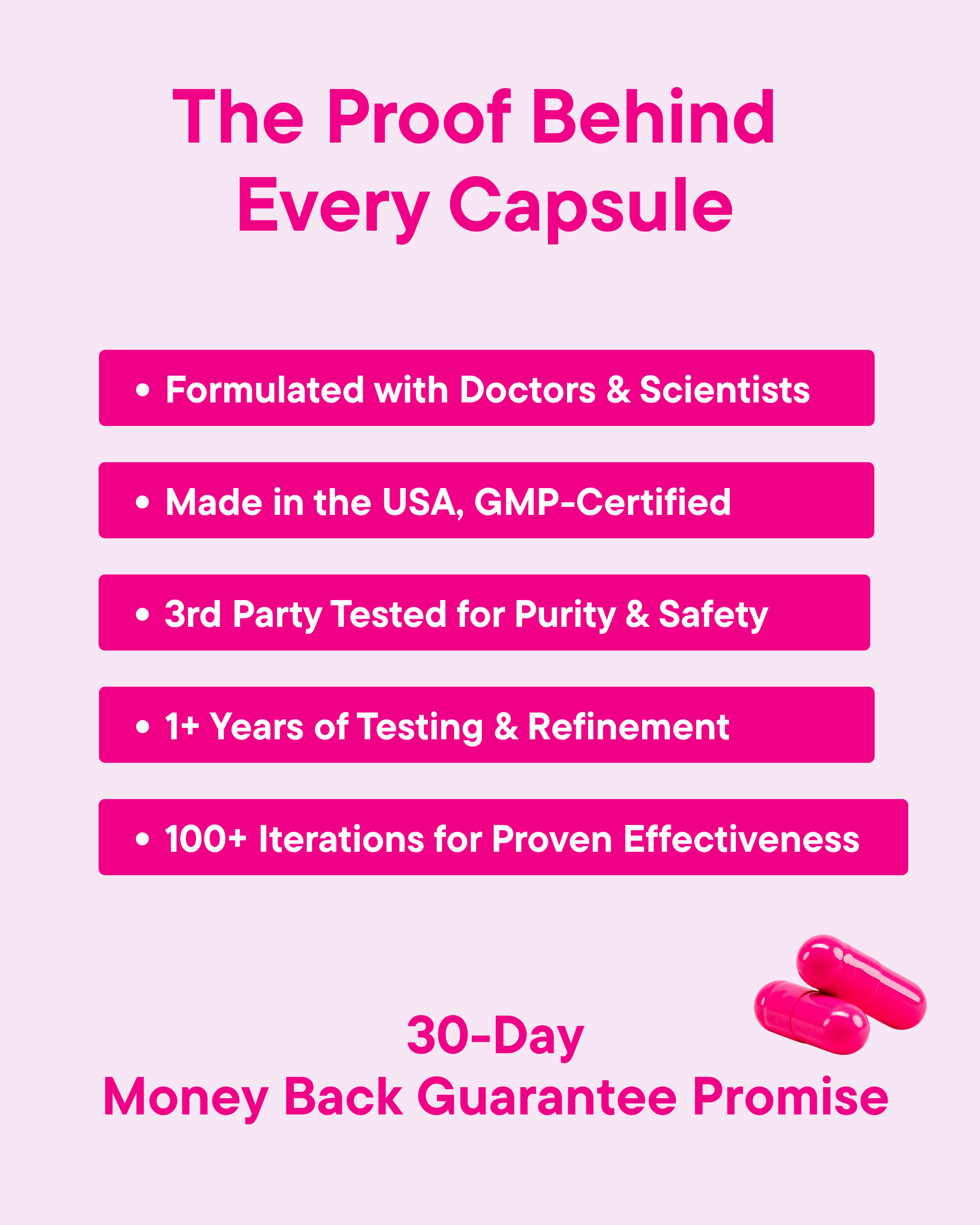 Vaginal probiotic capsules with guarantee badges and 30-day promise text