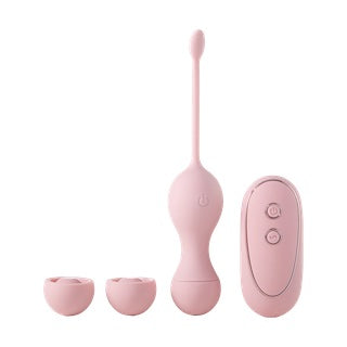 Pink pelvic floor fitness weights set: handheld weight, oval remote, two small pads