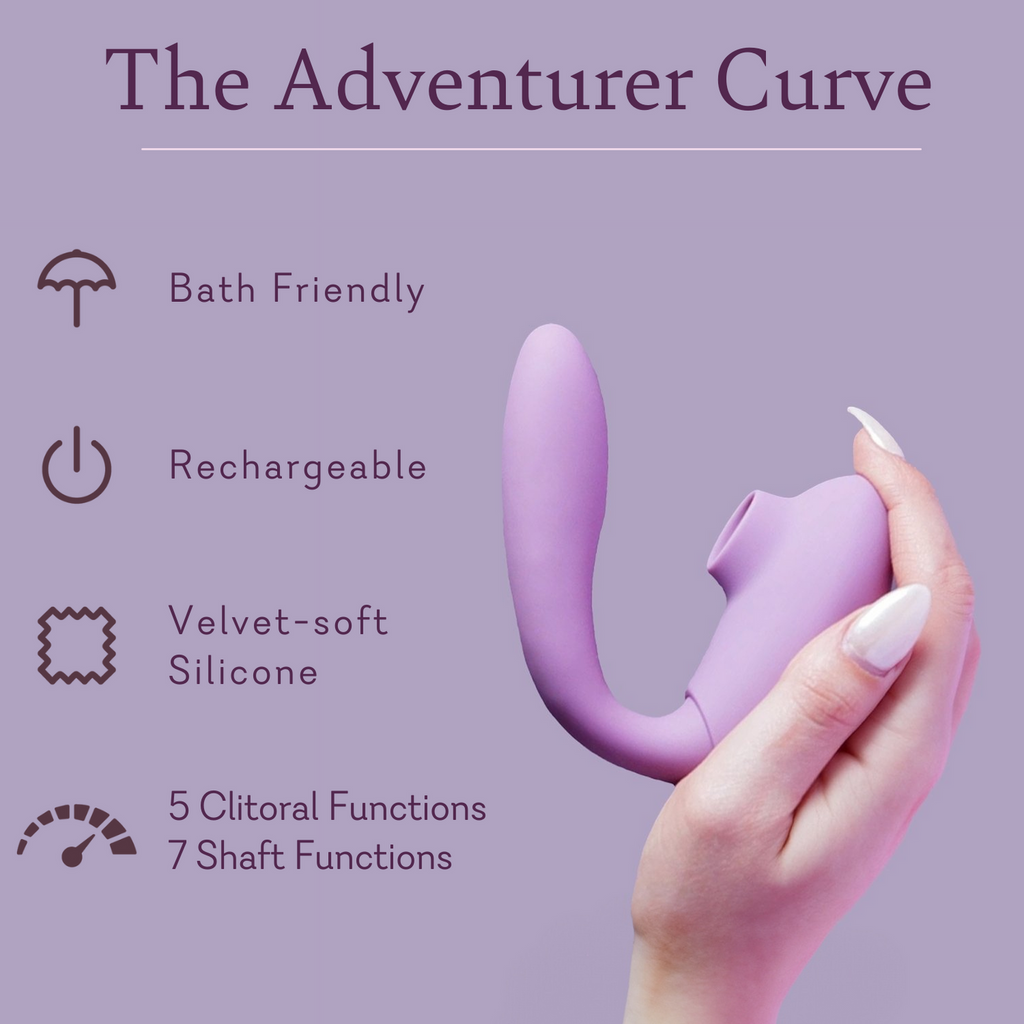 Purple U-shaped curved silicone massager with oval control panel, handheld