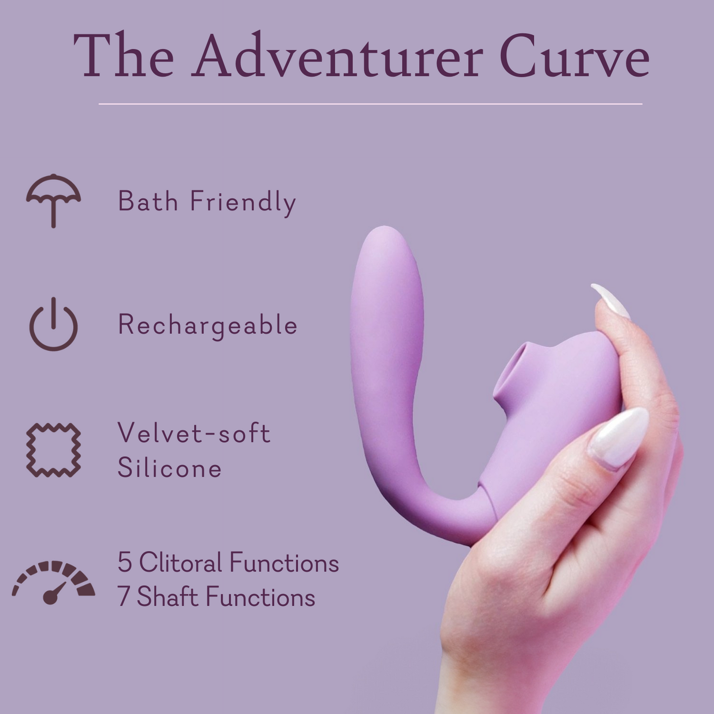 Purple U-shaped curved silicone massager with oval control panel, handheld