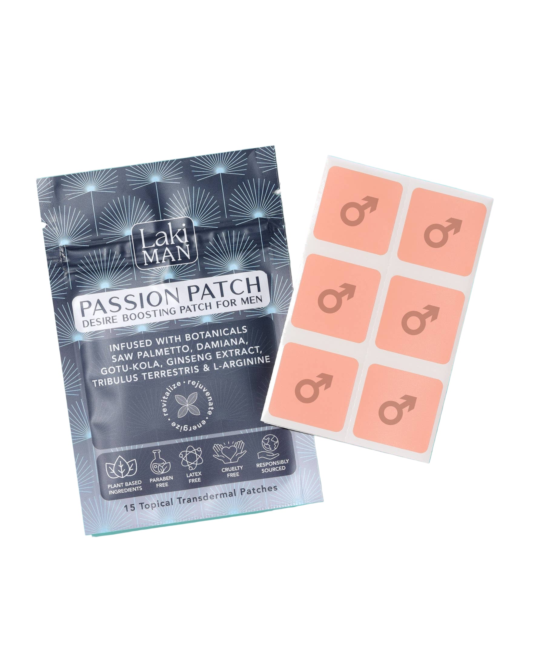 Laid Man Passion Patch packaging with patches on a light blue background