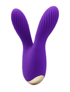 Purple rabbit-shaped silicone toy with two upright ears and curved base