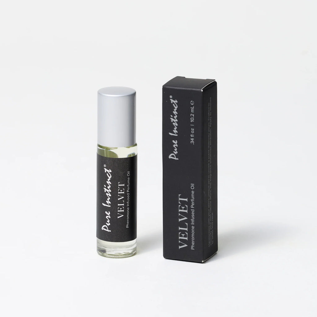 Velvet pheromone roll-on bottle with silver cap and matching black box