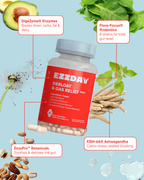 Supplement bottle with blue cap and red label, with surrounding ingredient graphics and capsules