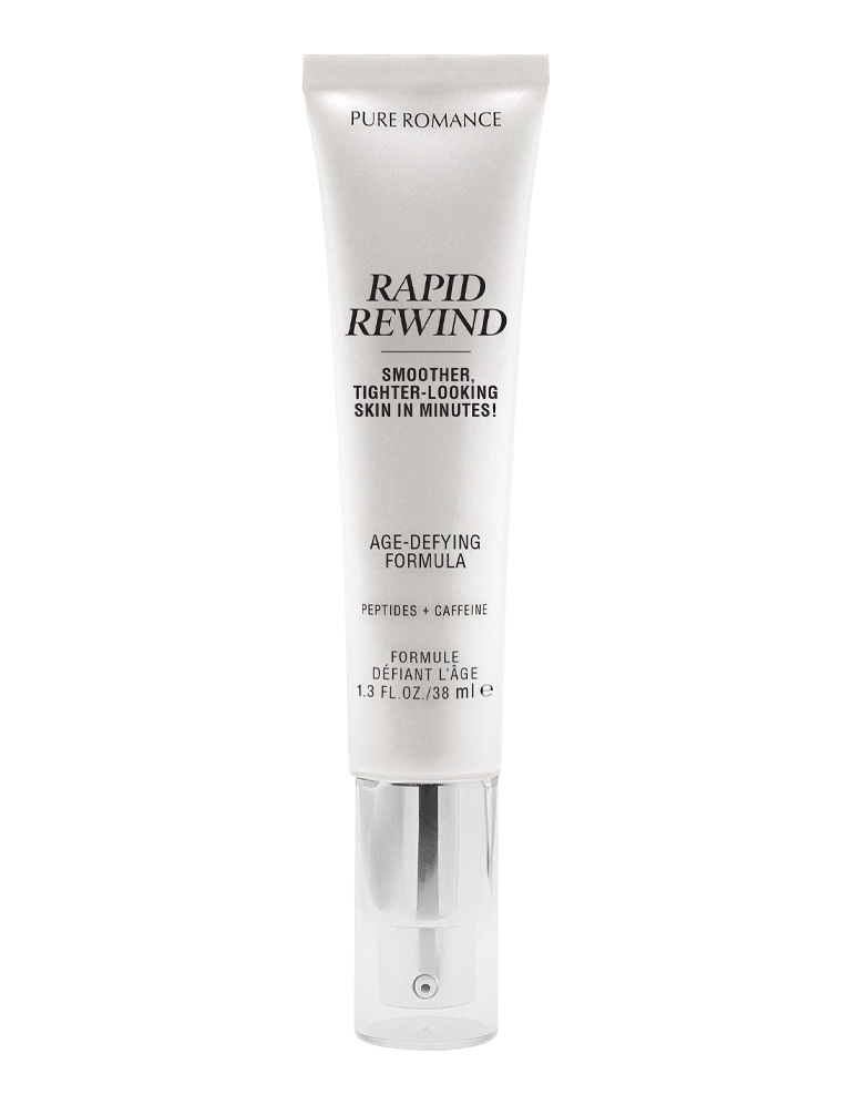 Pure Romance Rapid Rewind skincare cream in white squeeze tube, pump cap