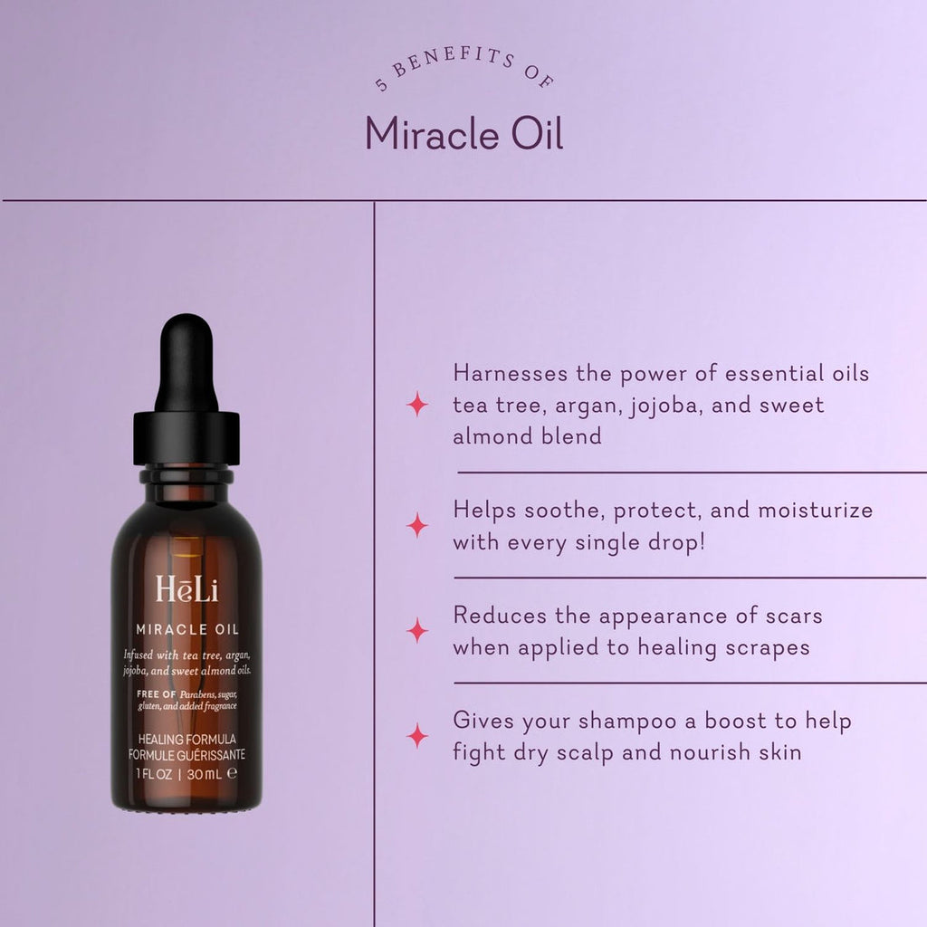 Oil product box panel with bottle image and benefits text