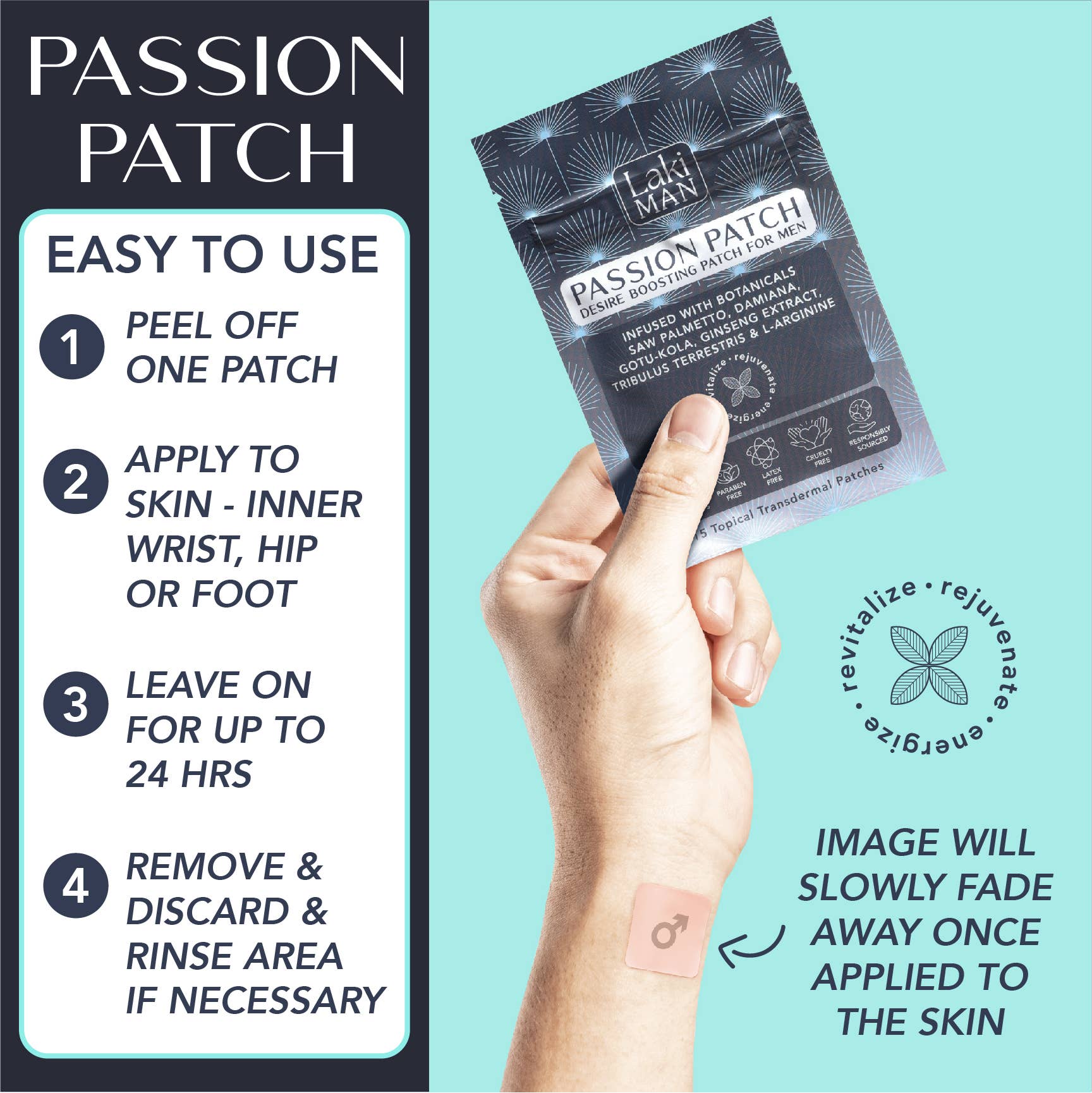 Passion Patch packaging held by a hand with application instructions on a light blue background