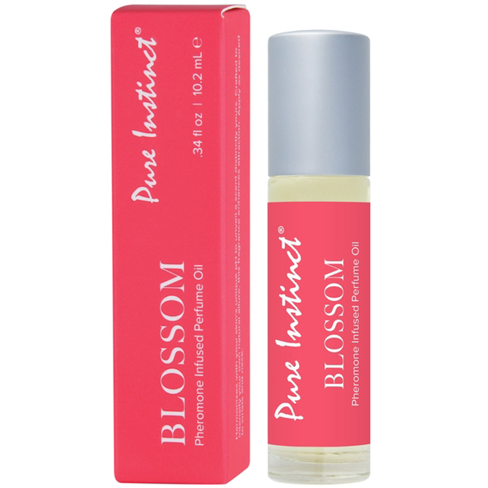 Pink Blossom pheromone roll-on with matching red box and silver cap