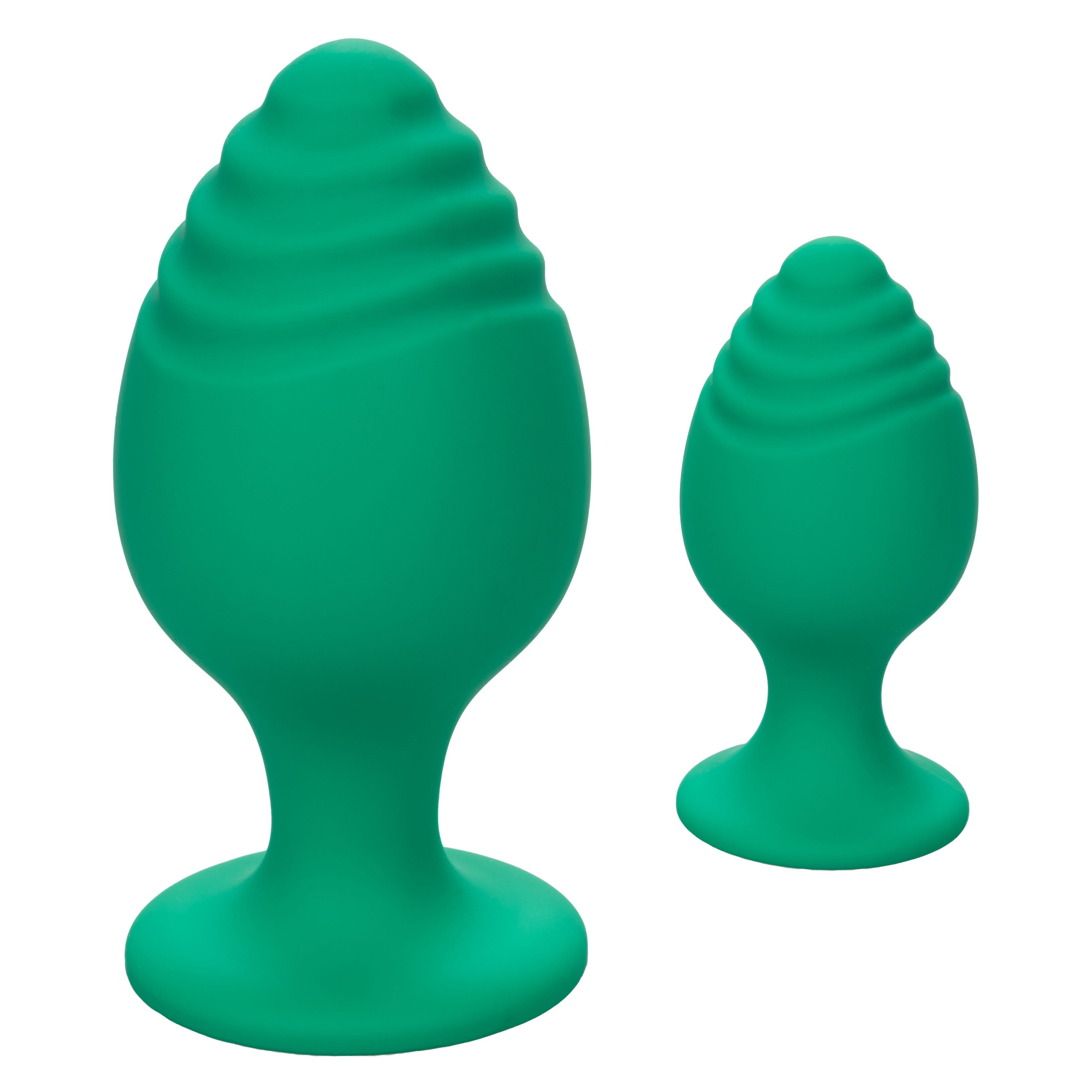Green silicone anal plugs, front view of large and small sizes