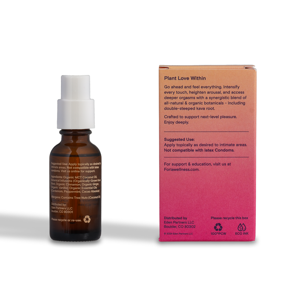 Amber pump oil bottle and matching pink product box, side by side