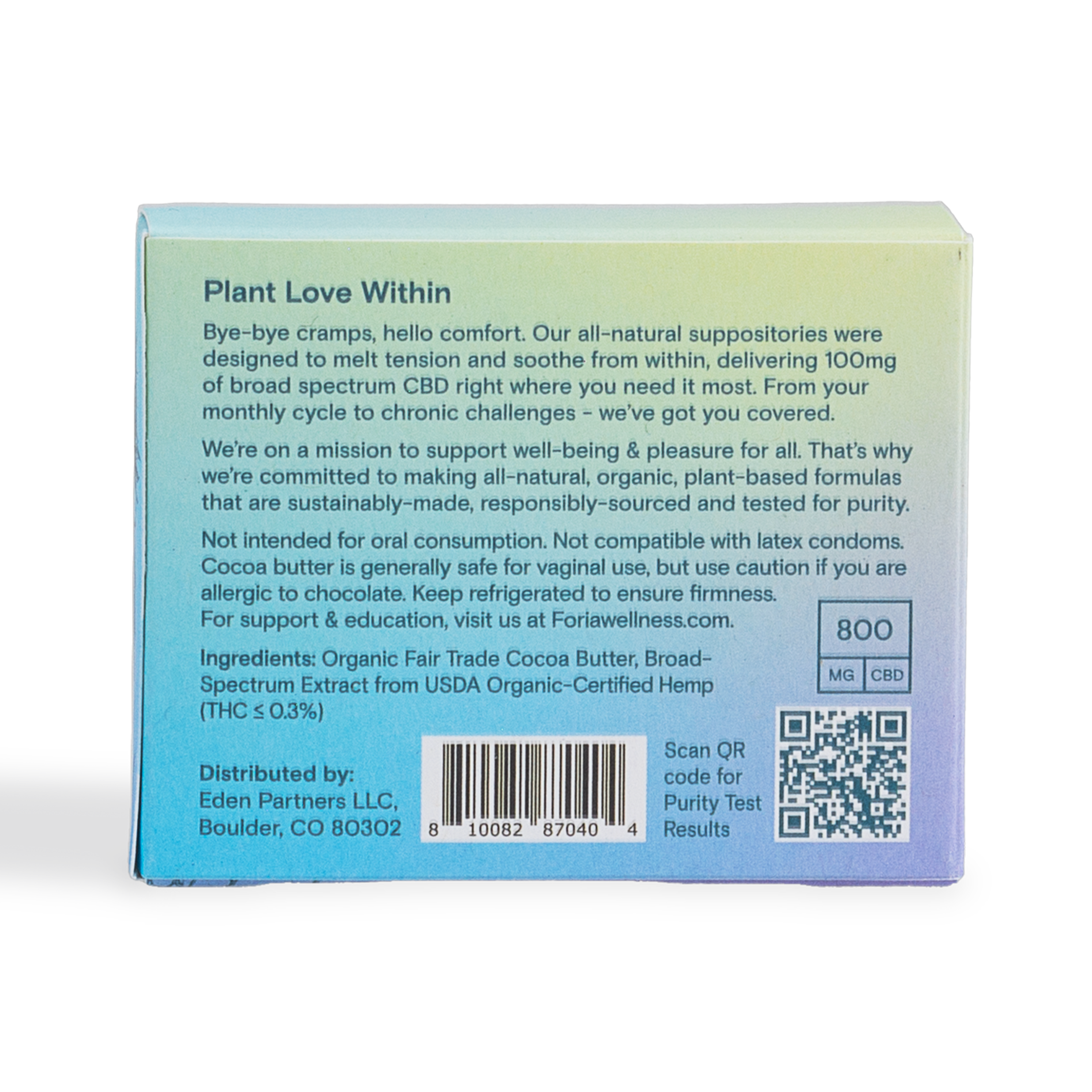 CBD suppository box back panel with barcode and QR code details