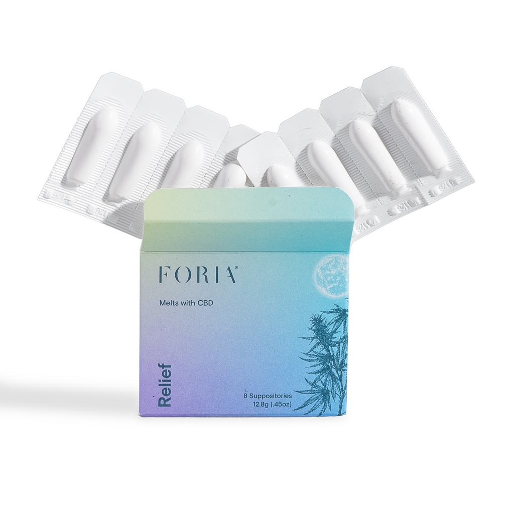 CBD suppository box with blister pack tray behind, Relief
