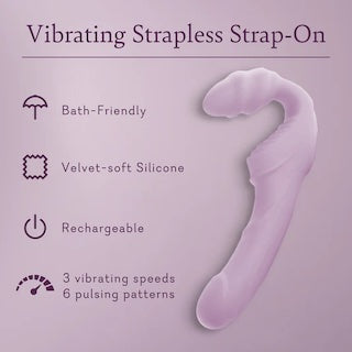 Vibrating strapless strap-on, soft lavender silicone; rechargeable with 3 speeds