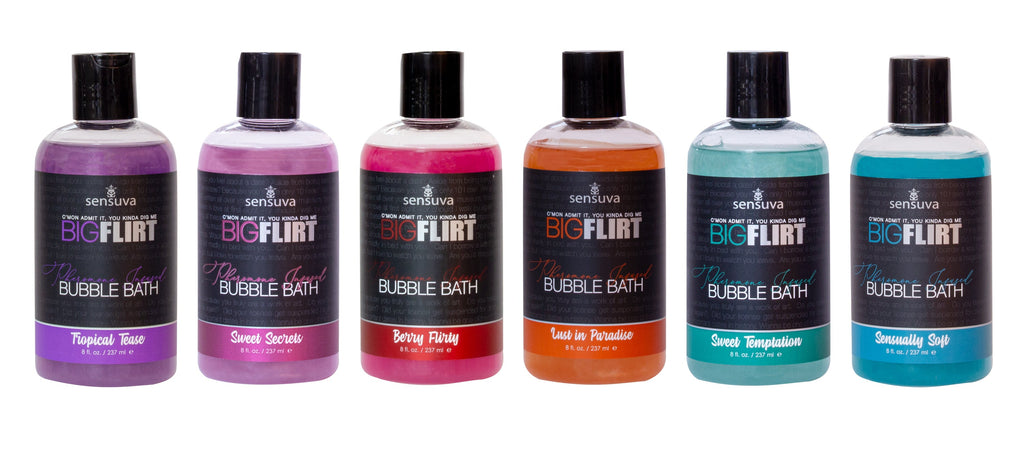 Assorted Sensuva pheromone bubble bath bottles with colored labels and black caps