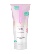 White and pale pink squeezable lubricant tube with teal macaron-style accents and flip-top