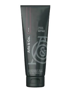 Shampoo and body wash tube, dark gray, vertical label and branding