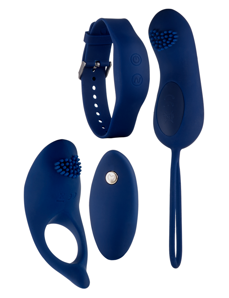 Blue silicone massager set with two rings and remote wand