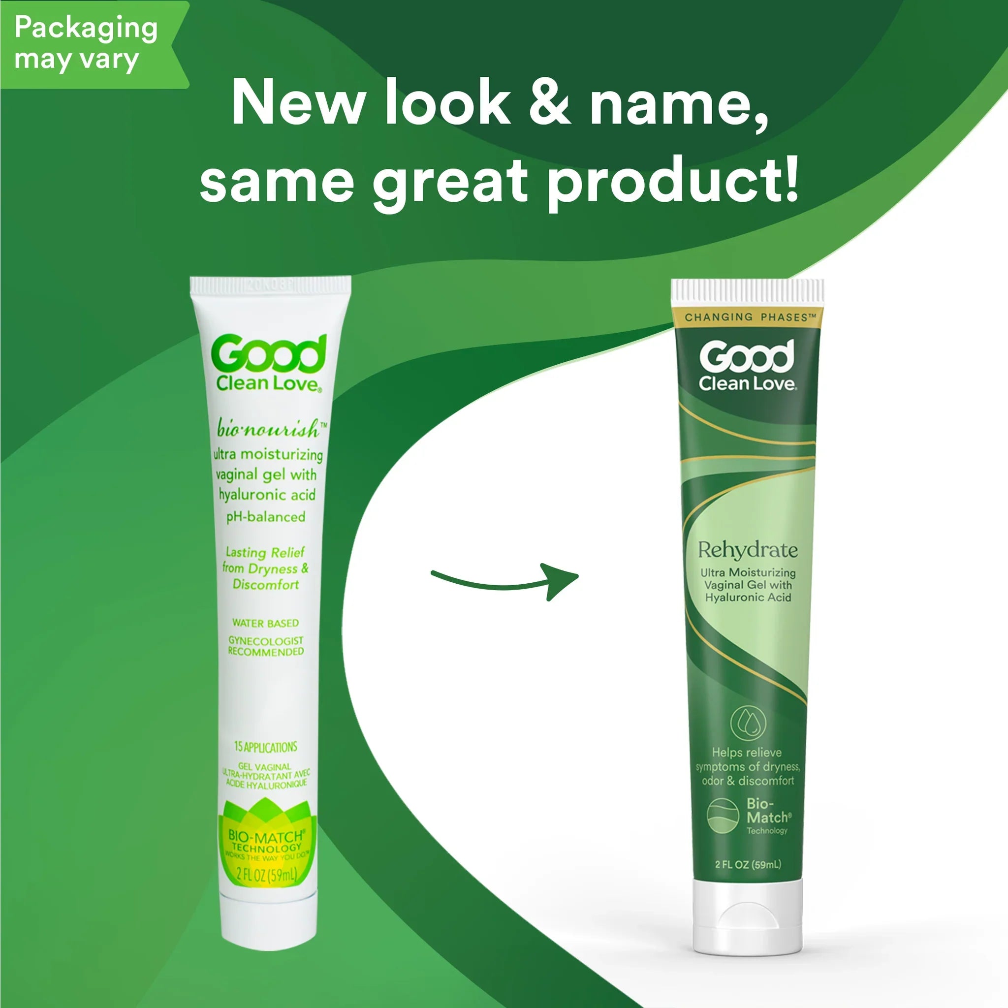 Vaginal gel tubes showing new packaging look, green and white.
