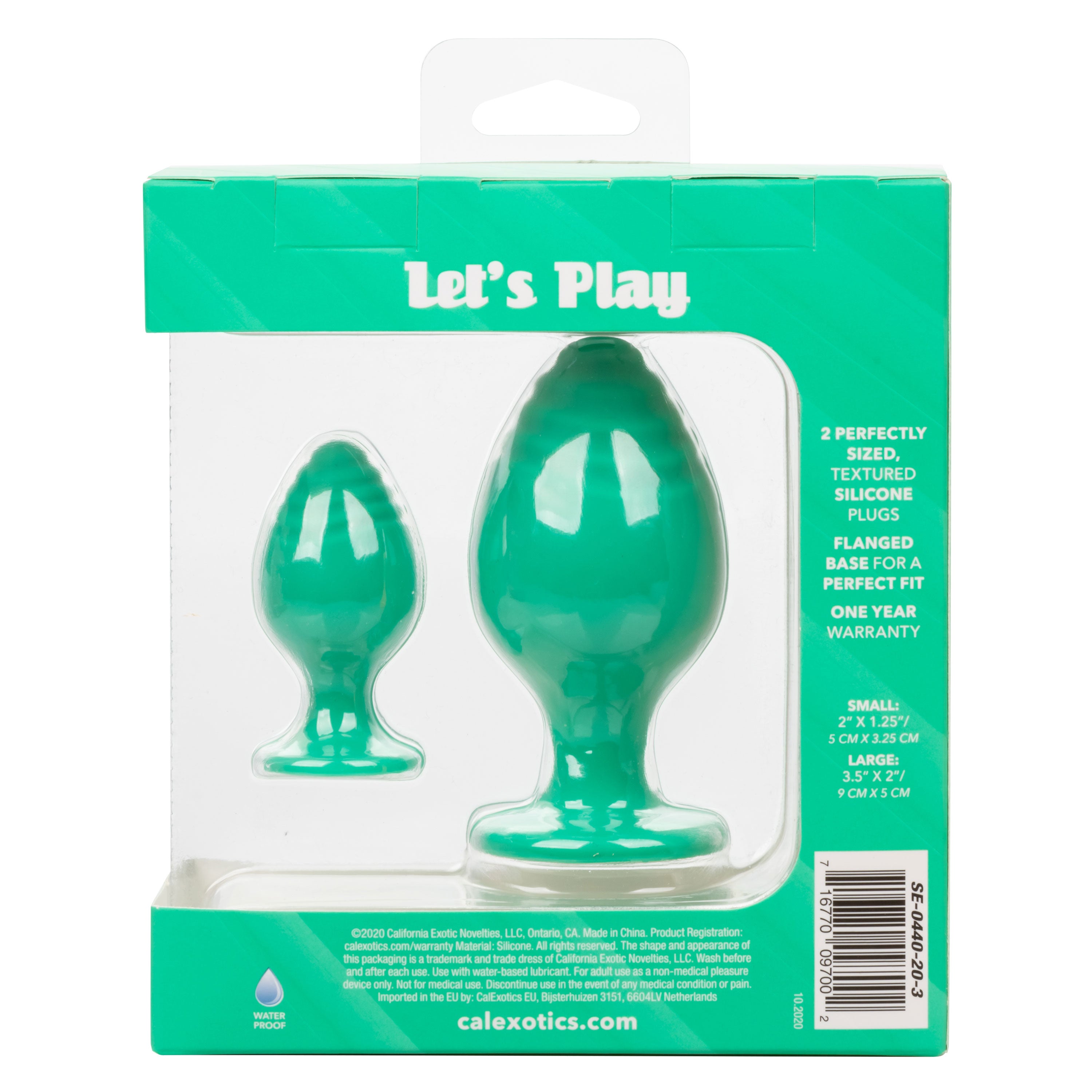 Green silicone butt plugs, two sizes, back of box