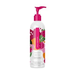 Nourishing body lotion bottle with pink pump and floral print label