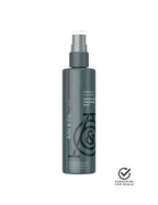 Dark gray-teal fragrance mist spray bottle with pump top and label