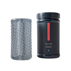 Textured cylindrical grip sleeve and dark bottle with red label