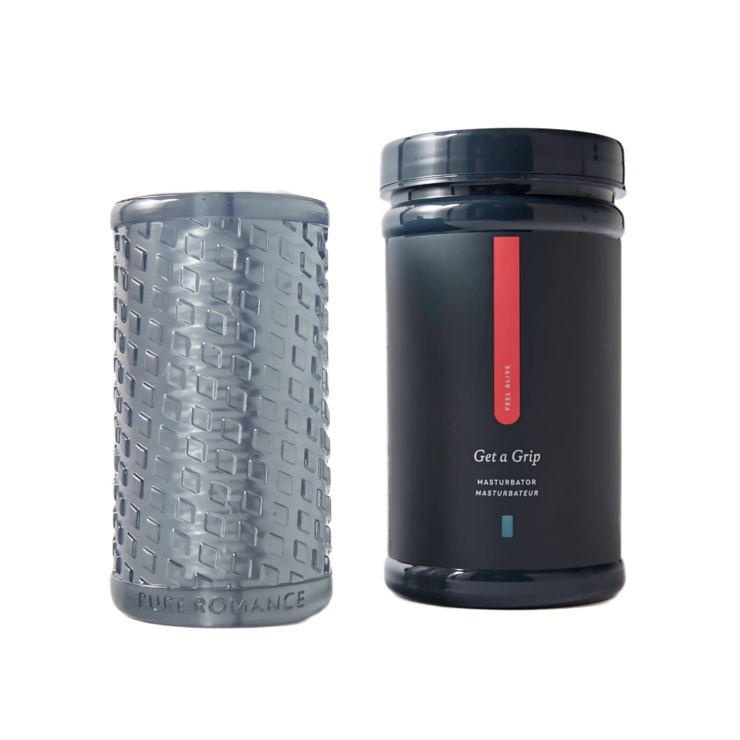 Textured cylindrical grip sleeve and dark bottle with red label