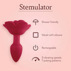 Stemulator red silicone flower toy, upright tail with layered rose bloom.