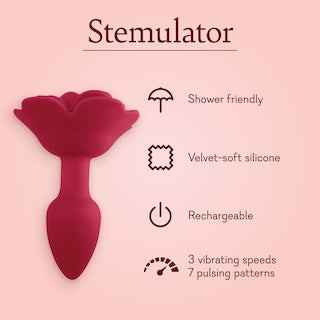 Stemulator red silicone flower toy, upright tail with layered rose bloom.